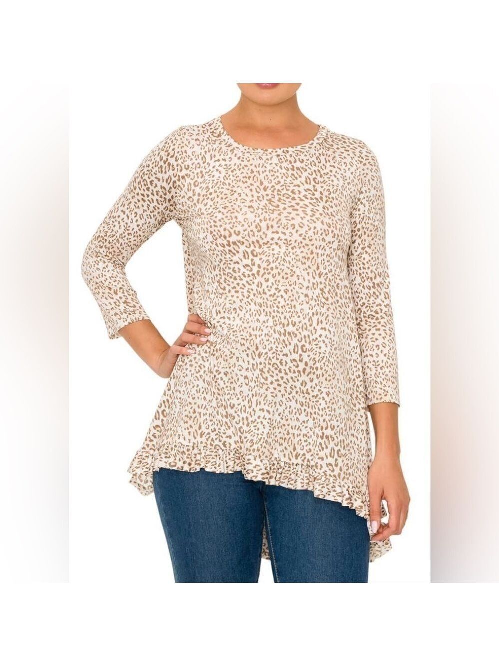 NWOT Neutral Leopard Print Ruffle Hem Top High Low Hem SZ 2X